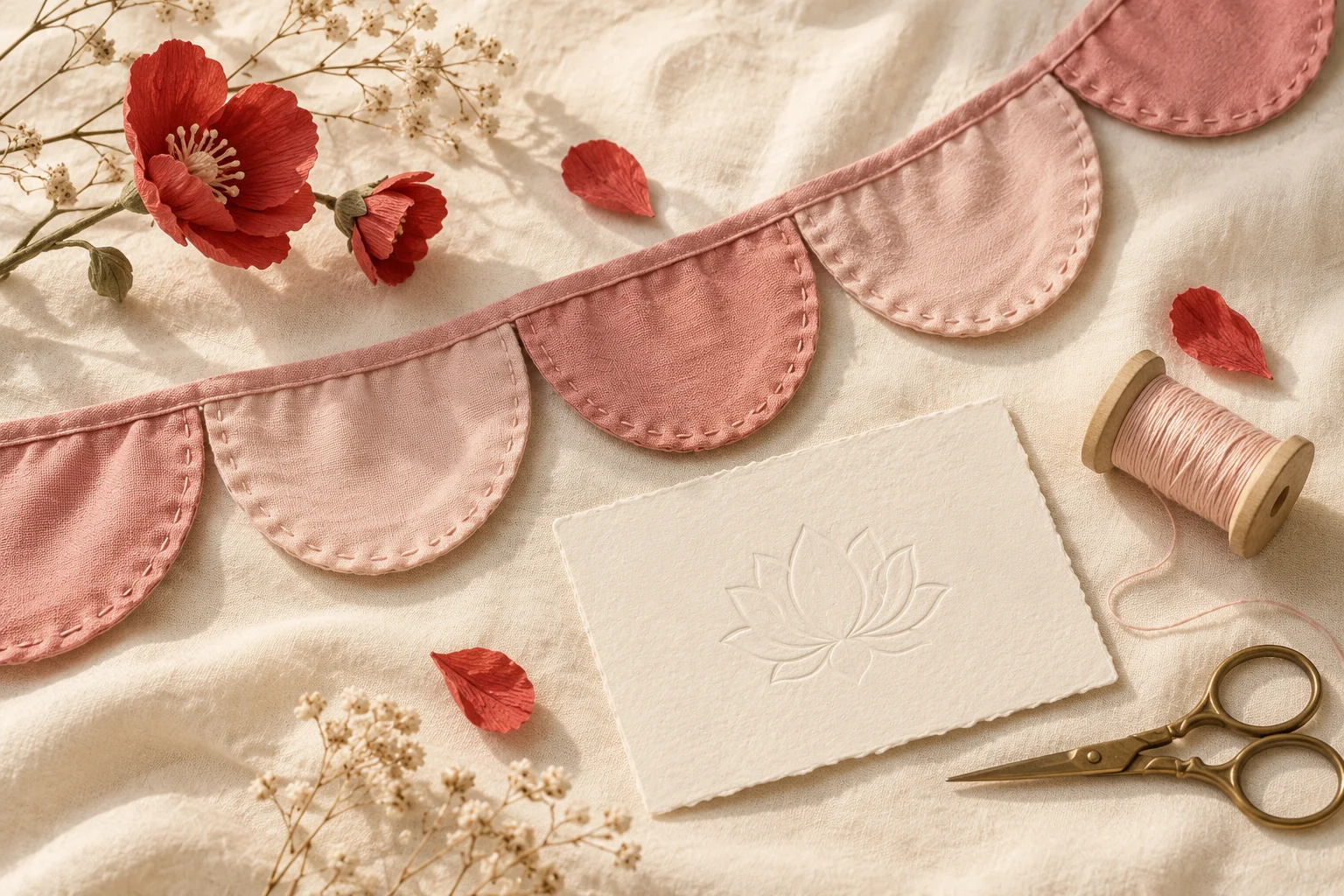 Illustrative handmade paper flowers, a fabric garland, and craft materials on cream linen